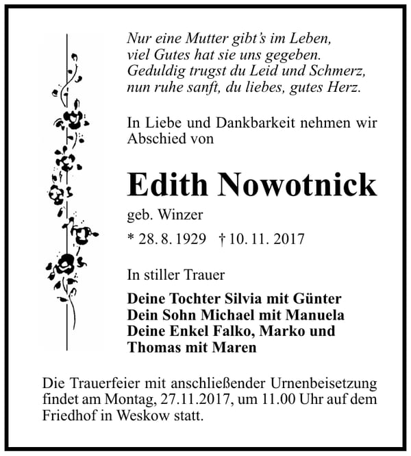 Traueranzeige Edith Nowotnick, geb. Winzer