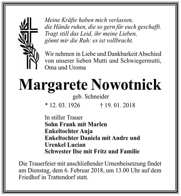 Traueranzeige Margarete Nowotnick, geb. Schneider
