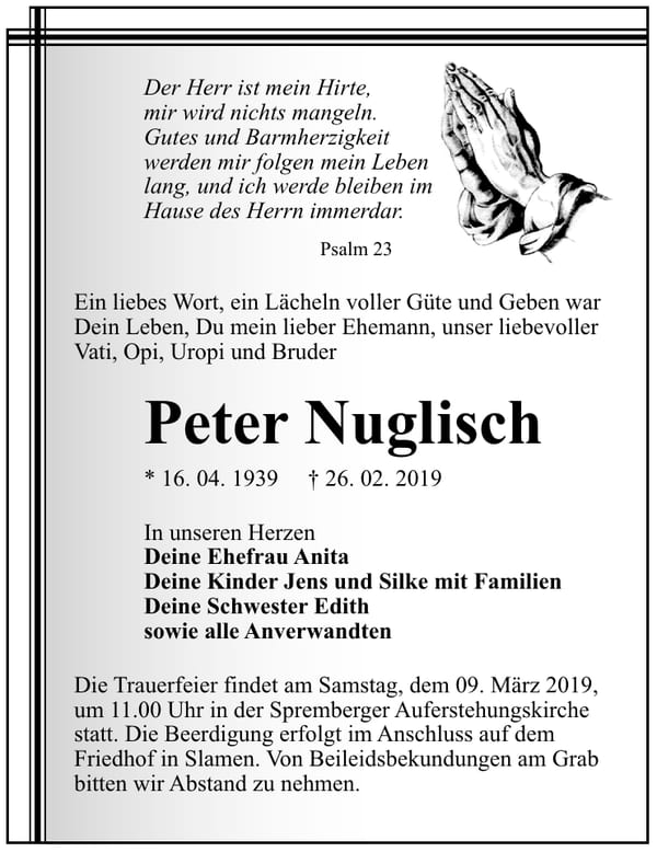 Traueranzeige Peter Nuglisch