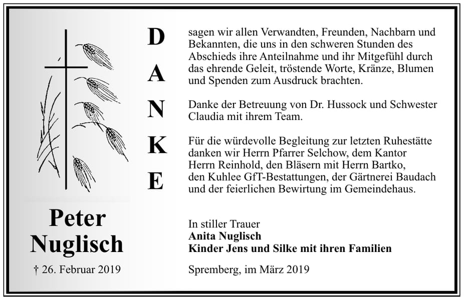 Traueranzeige Peter Nuglisch