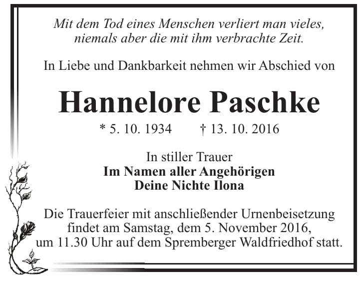 Traueranzeige Hannelore Paschke