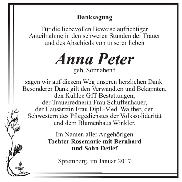 Danksagung Anna Peter, geb. Sonnabend