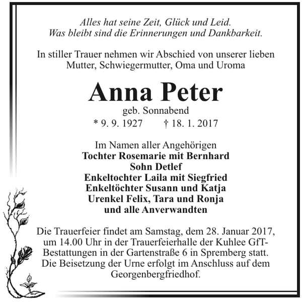 Traueranzeige Anna Peter, geb. Sonnabend