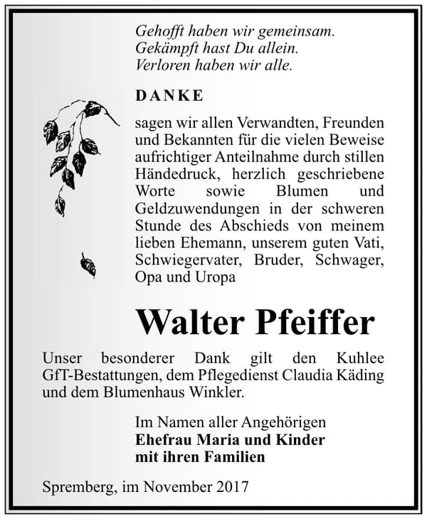 Danksagung Walter Pfeiffer