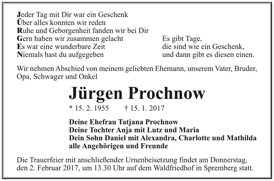 Traueranzeige Jürgen Prochnow