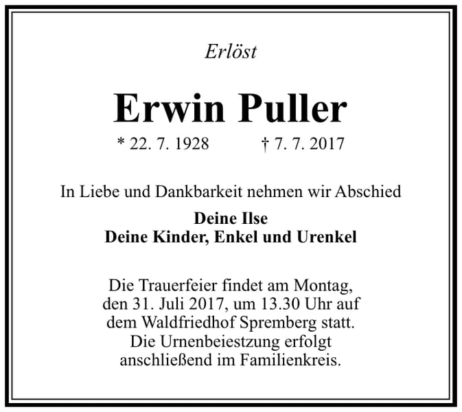 Traueranzeige Erwin Puller