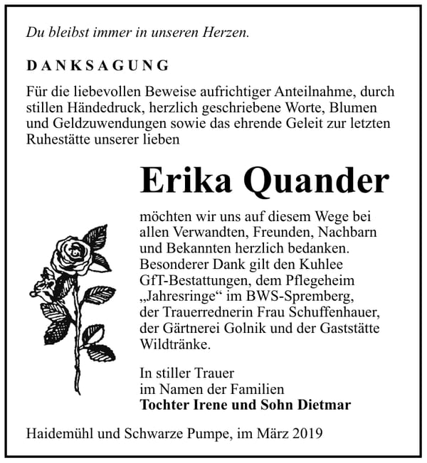 Traueranzeige Erika Quander