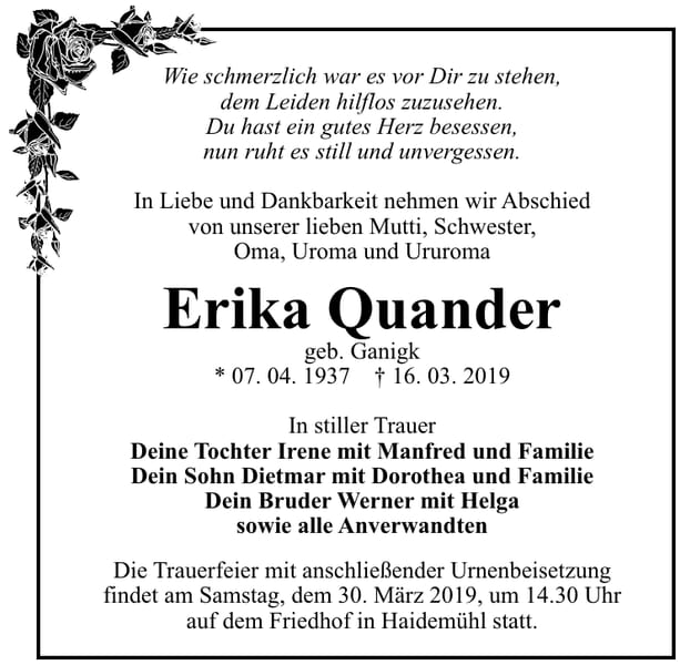 Traueranzeige Erika Quander, geb. Ganigk