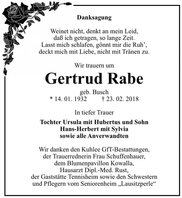 Danksagung Gertrud Rabe, geb. Busch