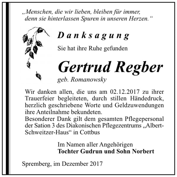 Danksagung Gertrud Regber, geb. Romanowsky