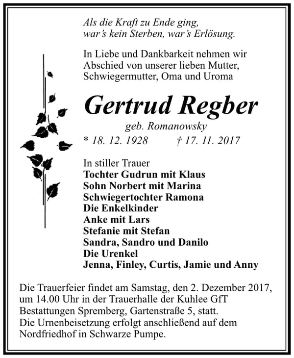 Traueranzeige Gertrud Regber, geb. Romanowsky