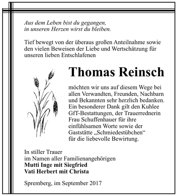 Danksagung Thomas Reinsch