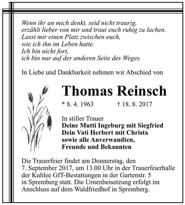 Traueranzeige Thomas Reinsch