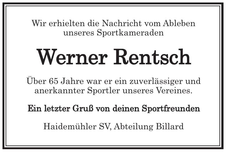 Nachruf Werner Rentsch