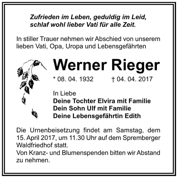 Traueranzeige Werner Rieger