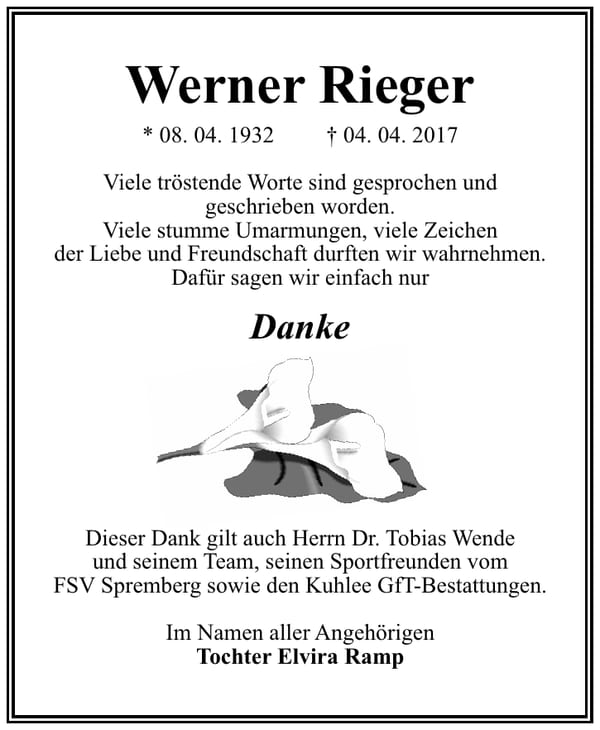 Danksagung Werner Rieger