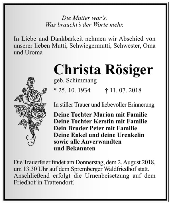 Traueranzeige Christa Rösiger, geb. Schimmang