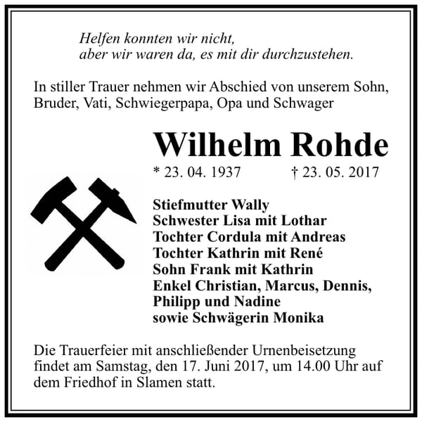 Traueranzeige Wilhelm Rohde