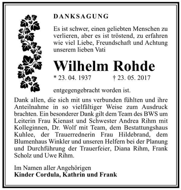 Danksagung Wilhelm Rohde