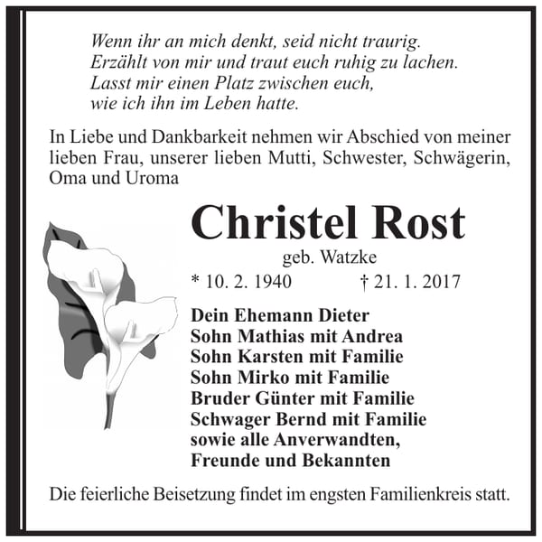 Traueranzeige Christel Rost, geb. Watzke