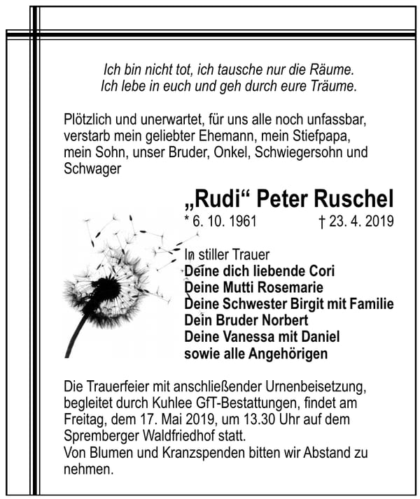Traueranzeige „Rudi“ Peter Ruschel