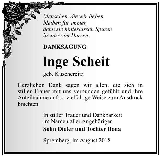 Danksagung Inge Scheit geb. Kuschereitz