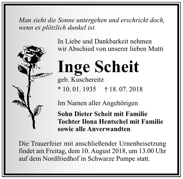 Traueranzeige Inge Scheit, geb. Kuschereitz