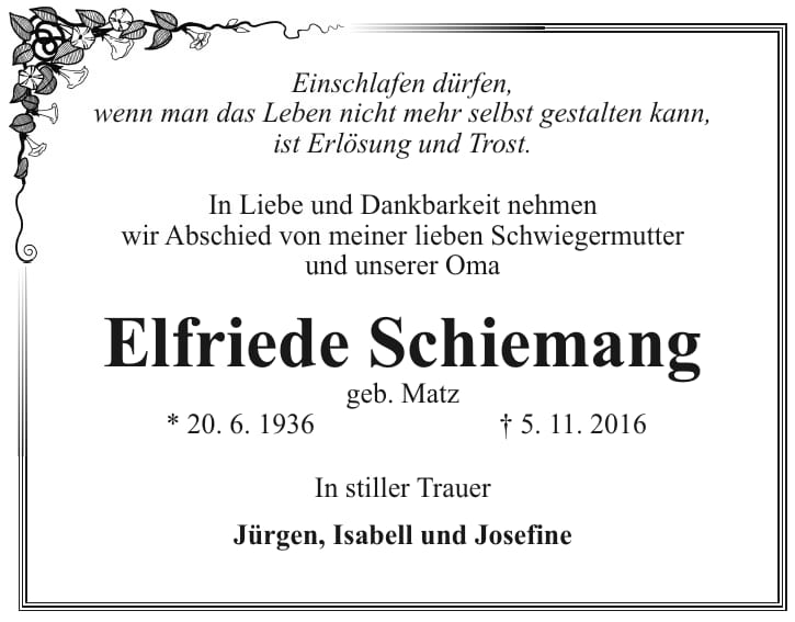 Traueranzeige Elfriede Schiemang, geb. Matz