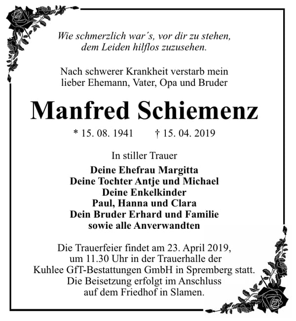 Traueranzeige Manfred Schiemenz