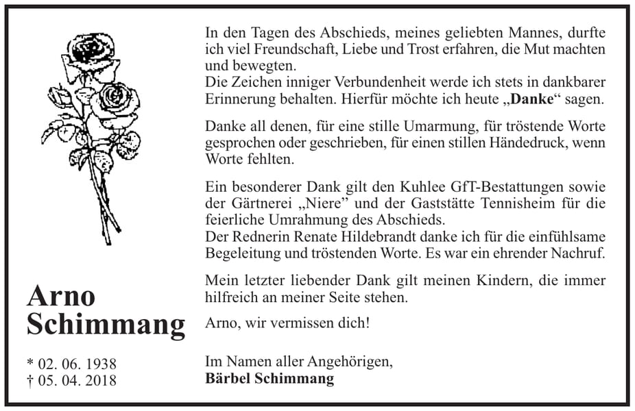 Danksagung Arno Schimmang