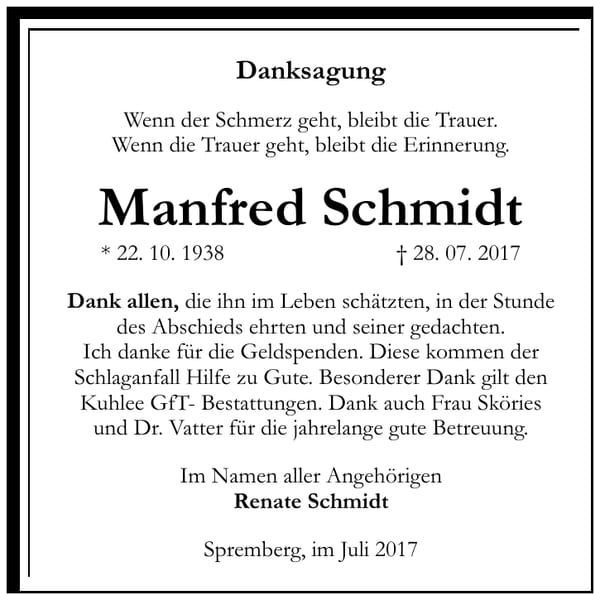 Danksagung Manfred Schmidt