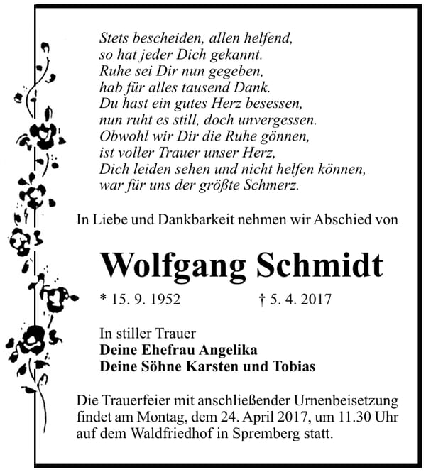 Traueranzeige Wolfgang Schmidt