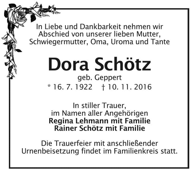 Traueranzeige Dora Schötz, geb. Geppert