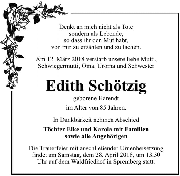 Traueranzeige Edith Schötzig