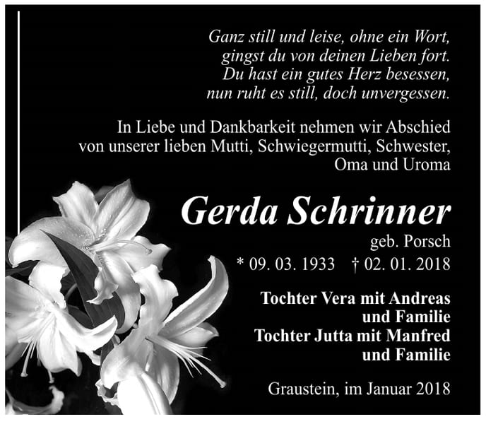 Traueranzeige Gerda Schrinner, geb. Porsch