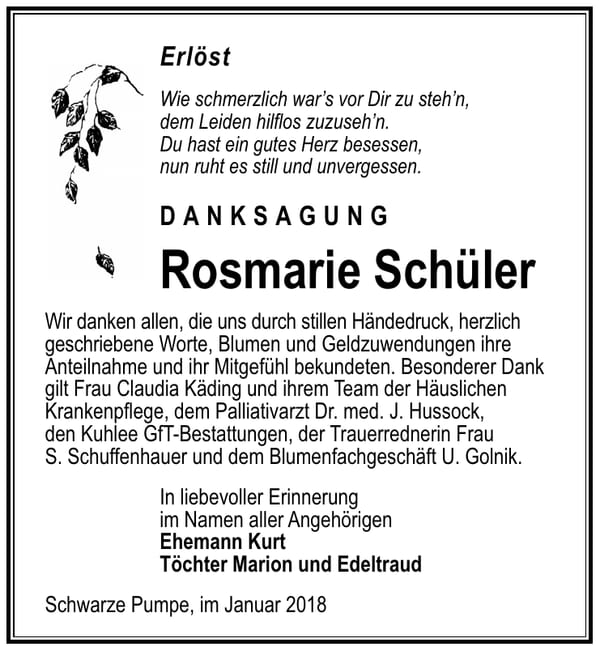 Danksagung Rosmarie Schüler