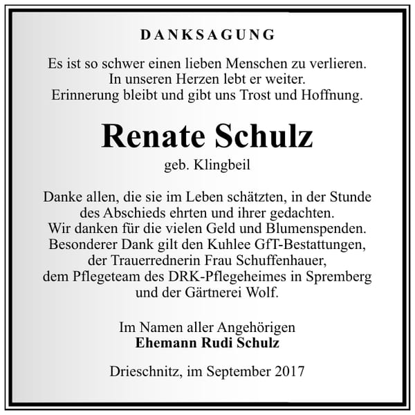 Danksagung Renate Schulz, geb. Klingbeil