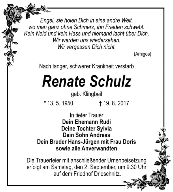 Traueranzeige Renate Schulz, geb. Klingbeil