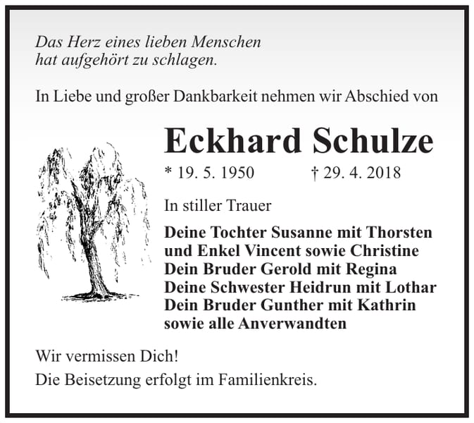 Traueranzeige Eckhard Schulze