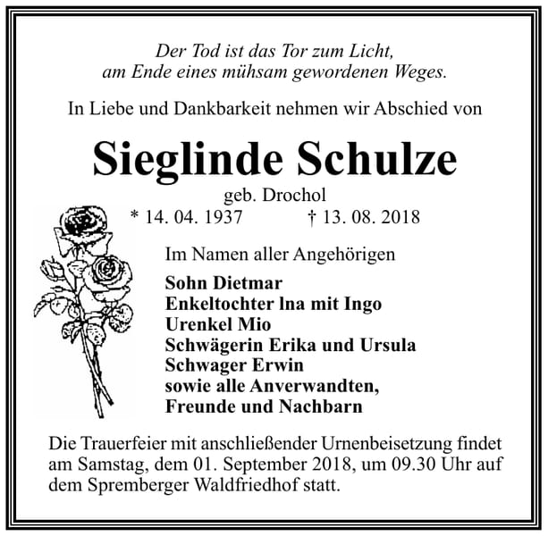 Traueranzeige Sieglinde Schulze, geb. Drochol