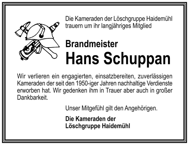 Nachruf Brandmeister Hans Schuppan