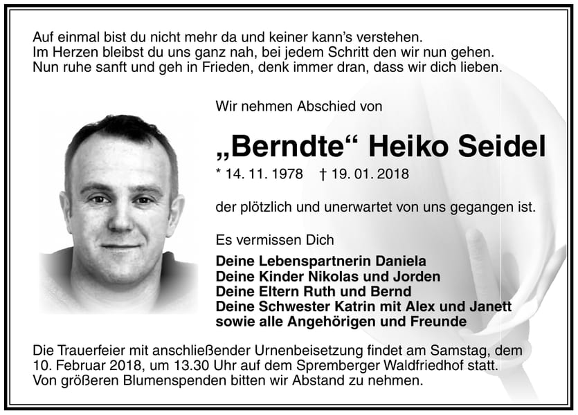 Traueranzeige „Berndte“ Heiko Seidel