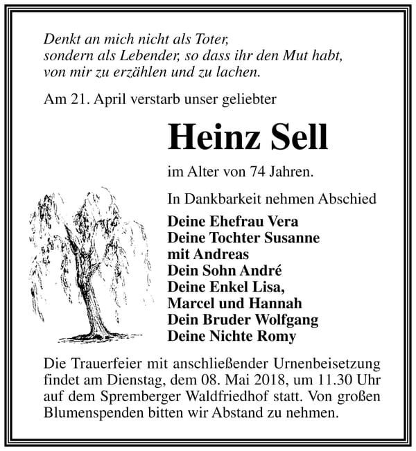 Traueranzeige Heinz Sell