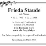 Traueranzeige Frieda Staude, geb. Wende