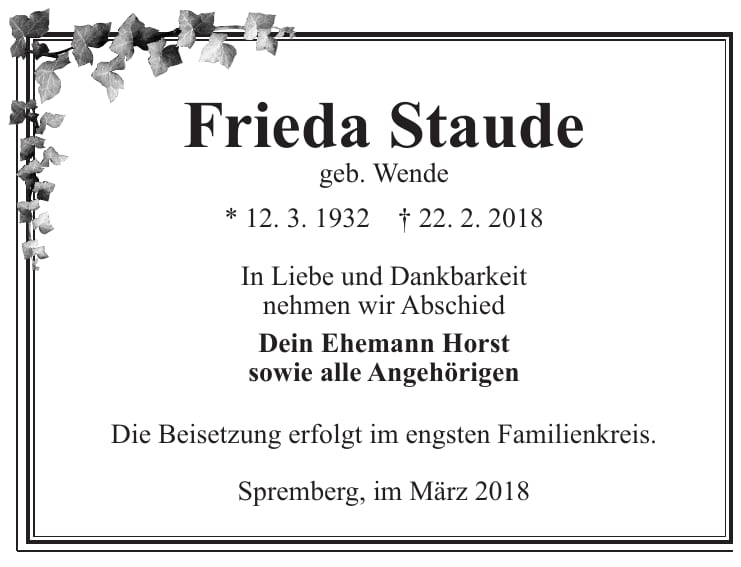 Traueranzeige Frieda Staude, geb. Wende
