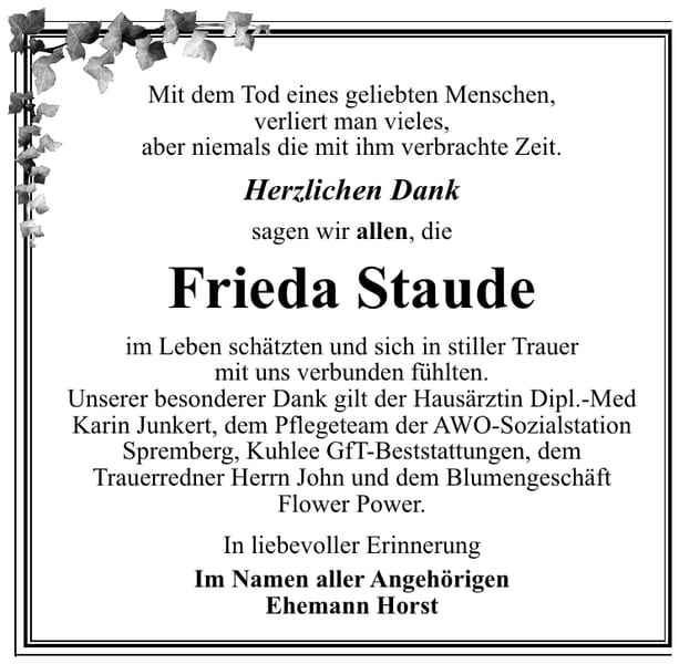 Danksagung Frieda Staude