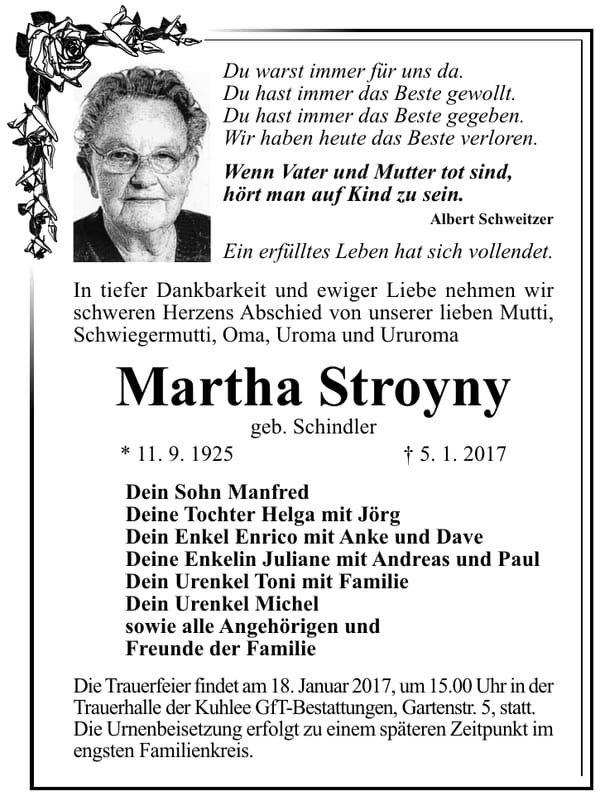 Traueranzeige Martha Stroyny, geb. Schindler