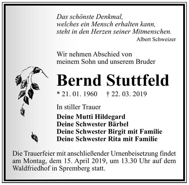 Traueranzeige Bernd Stuttfeld