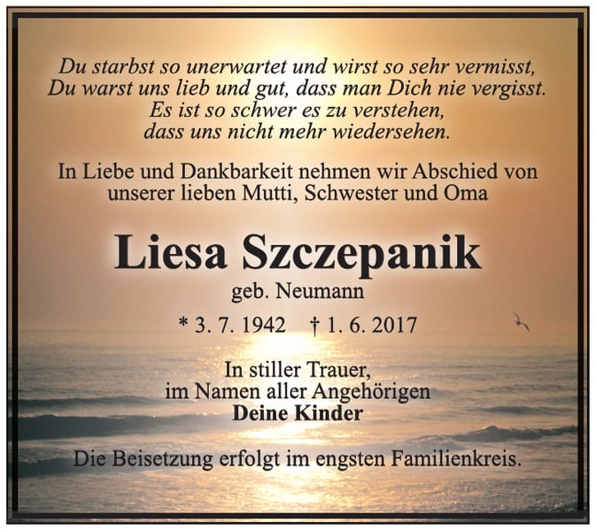 Traueranzeige Liesa Szczepanik, geb. Neumann