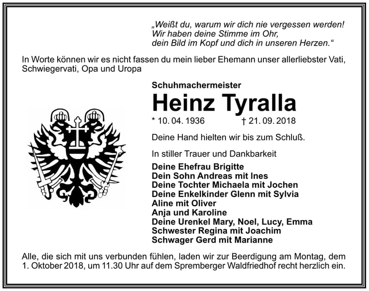 Traueranzeige Heinz Tyralla